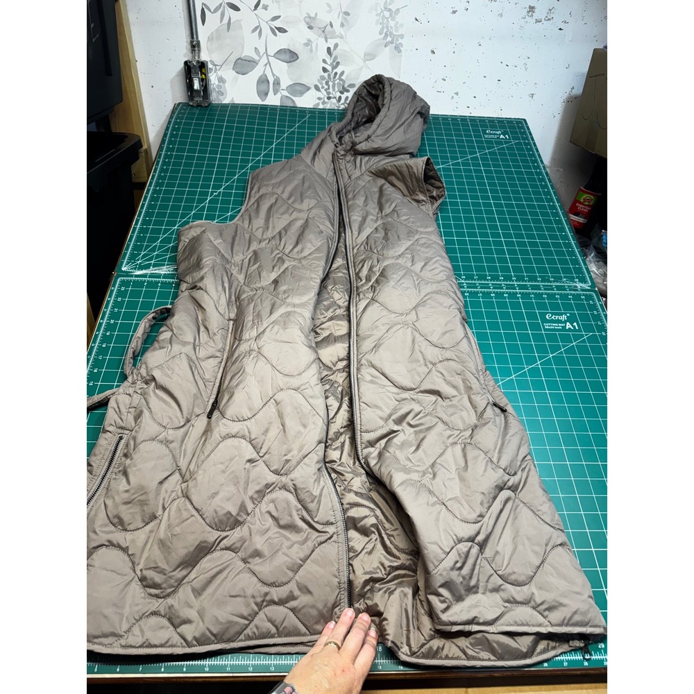 Zella Womens 3X Quilted Long Hooded Vest Taupe Brown Full Zip Pockets Puffer